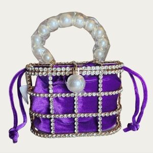 Glamorous Purple Velour Rhinestone Caged Mini Bag with Faux Pearl Handle